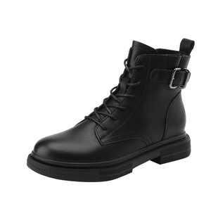 红蜻蜓黑色厚底马丁靴女款冬季新款加绒平底短筒皮靴时尚英伦女靴