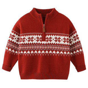 男童半拉链领毛衣外套2026冬季新儿童加绒加厚毛衣红色新年服8265
