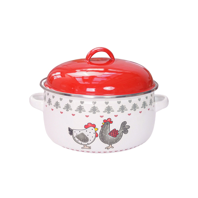 珐琅搪瓷汤锅公鸡花加厚双耳红盖宝妈辅食泡面锅平底汤锅18-22cm