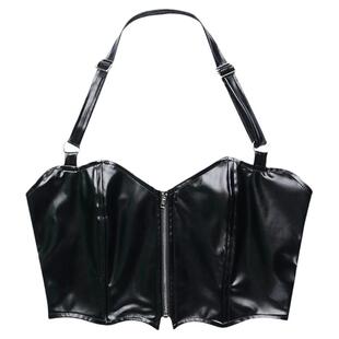 Wannathis万圣节黑色朋克PU皮吊带摇滚背心打歌服y2k性感皮上衣