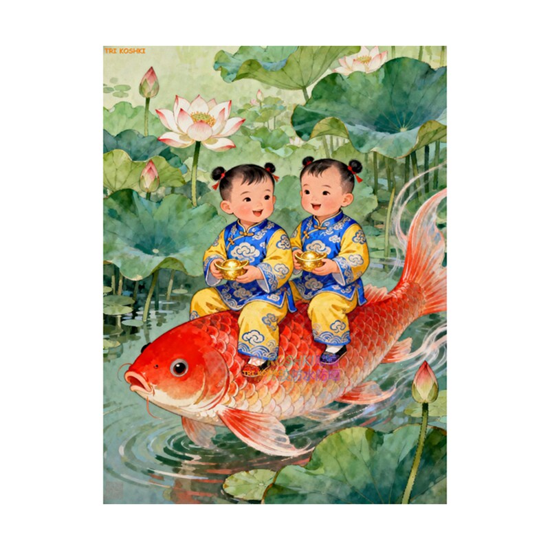 锦鲤好运年画娃娃海报贴画床头卧室客厅墙面龙凤胎宝宝贴画自粘贴