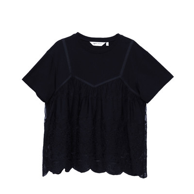 MOVEUP幻走2026春季新款.FUN系列圆领假两件蕾丝边休闲短款T恤女