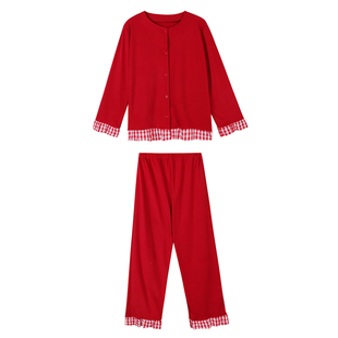 JoyceBra  甜美格纹拼接红色睡衣女秋冬新年本命年结婚家居服套装