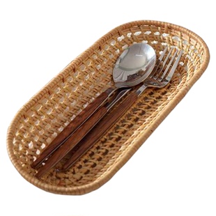 日式进口天然藤制面包篮点心水果托盘家用餐具刀叉筷勺编织收纳筐