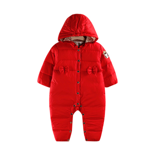 拉比女宝宝轻薄羽绒服婴儿加厚冬季连体衣儿童外出抱衣0-2岁爬服