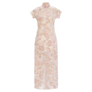 粉霞映玉丨一城风絮丨春夏民国风真丝烂花绒连肩短袖旗袍气质优雅