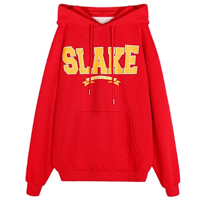 落落狷介红色连帽加绒卫衣女