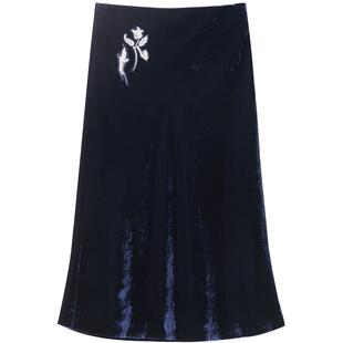 OVV Outlet秋冬新款女装高贵典雅可拆卸刺绣装饰丝绒直筒半身裙