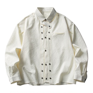 NOEARS日系复古宽松方领米黄色设计感解构衬衫秋季简约高级感衬衣