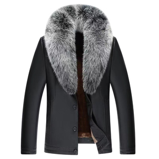 冬季海宁狐狸毛领皮毛一体男羊羔毛内胆修身外套短款真皮皮衣夹克