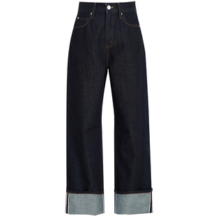 夏莫卡赤耳宽边九分牛仔裤女新款显瘦两穿式原牛蓝卷边直筒裤724