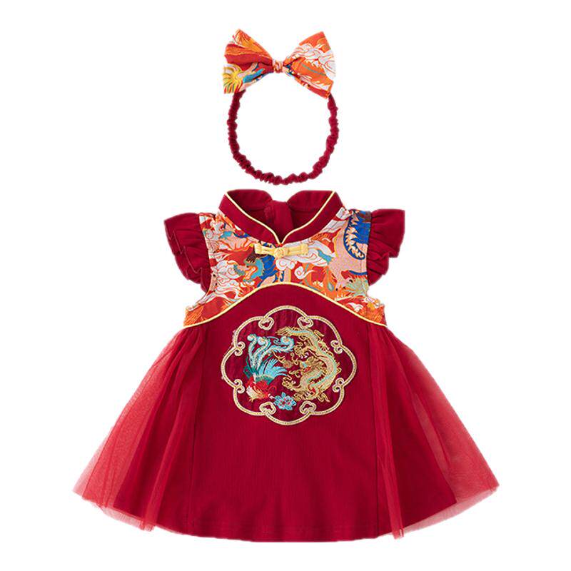 婴儿周岁礼服夏季新款女宝宝中国风红色衣服抓周生日裙薄款连衣裙