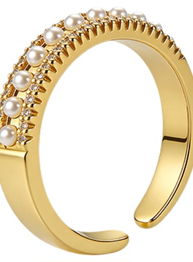 金色小米珠镶钻开口戒指珍珠锆石开口戒女轻奢高级感个性时尚指环