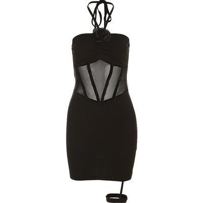 法式御姐风鱼骨网纱挂脖连衣裙