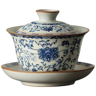 青花汝窑三才盖碗单个高档防烫泡茶具带盖中式功夫茶杯泡茶碗套装