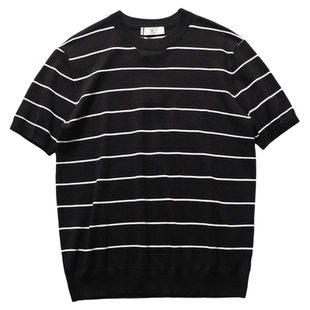 老钱风冰丝针织面料！男士夏季高端透气休闲圆领短袖条纹流行T恤