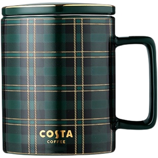 COSTA马克杯陶瓷英伦风简约带杯盖勺子茶滤不锈钢绿色咖啡杯新款