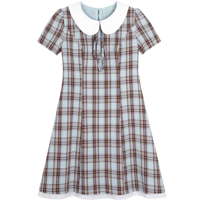 大码女装娃娃领格子连衣裙