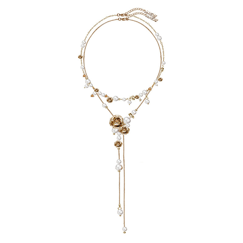 MASW麻秀设计怀旧轻奢双层珍珠项链小众复古玫瑰毛衣链叠戴2024新