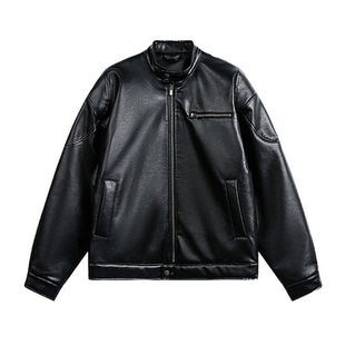 美式机车风 boxy廓形机车皮衣立领PU皮夹克男痞帅高级感黑色外套