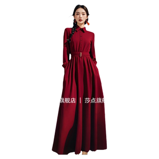 法式连衣裙女春秋衬衫裙收腰显瘦设计感小众复古赫本风红色裙子