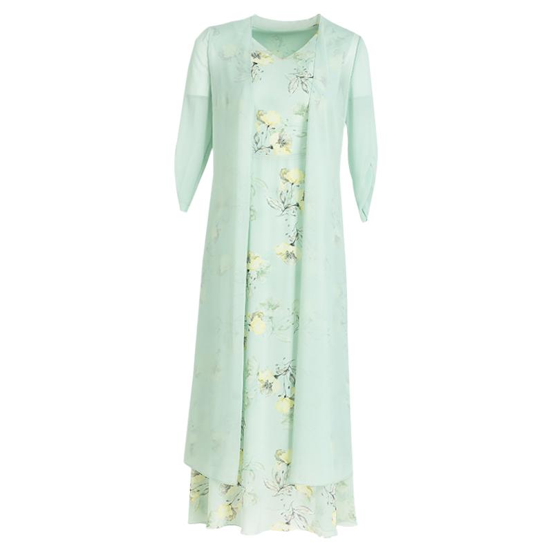 首尚格释印花雪纺连衣裙夏款2025年新款气质时尚妈妈收腰绿色裙子