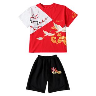 国潮童装男童夏装2026新款大童短袖红色T恤儿童服装套装男孩衣服
