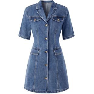 太平鸟西装牛仔裙女夏翻领工装短裙镂空设计感短款连衣裙