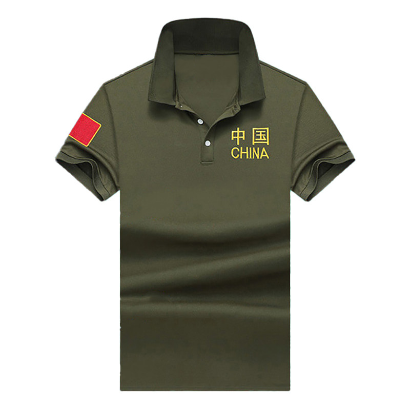 中国翻领套装夏季男纯棉军绿透气短袖短裤肩膀剌绣国旗POLO二件套