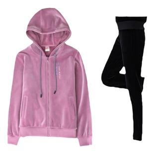 冬季新款金丝绒加绒加厚休闲运动套装女装拉链开衫卫衣上衣外套暖