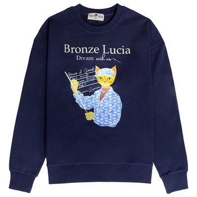 【lingorm同款】Bronze Lucia潮牌 气质减龄深蓝色圆领卫衣女连帽