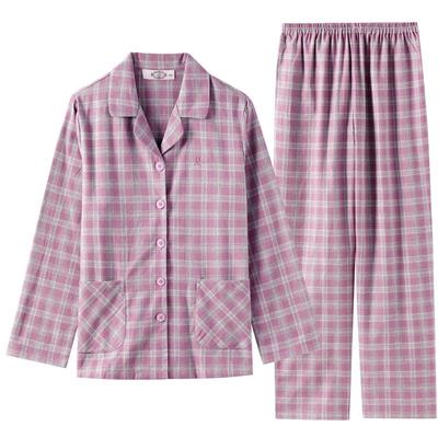 美标女士纯棉磨毛格子长袖套装