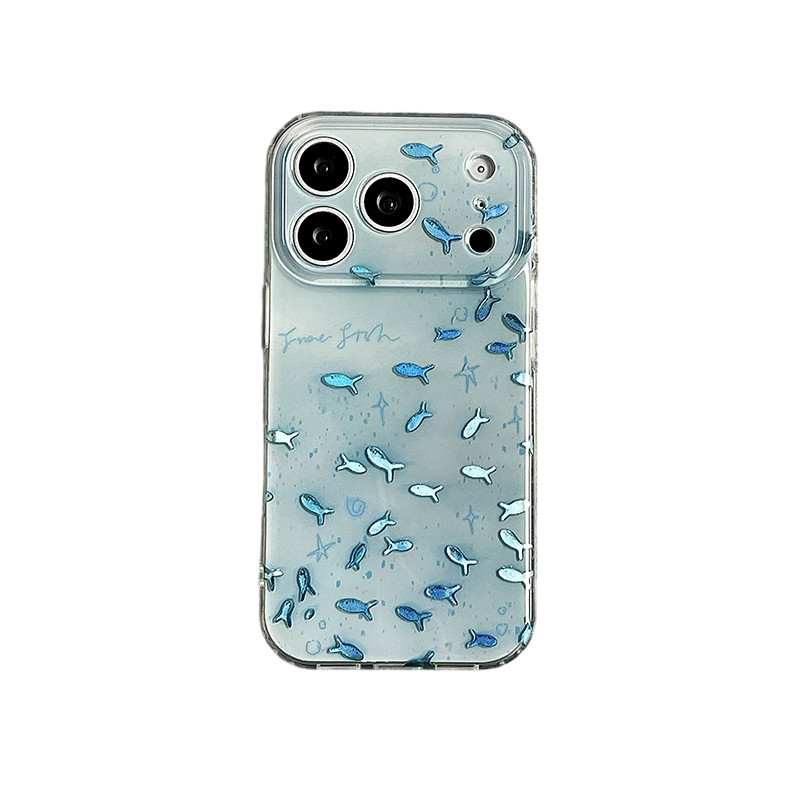 ins韩风鎏金海蓝满屏小鱼适用苹果17promax手机壳iphone16pro新款15带挂饰14双层13女18pm全包防