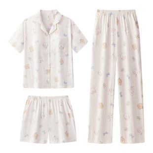 宫蝶【3件套】mikko睡衣女夏季短袖长裤日系ins家居服带胸垫套装