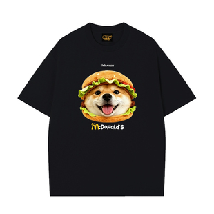 DREWESSFODGR美式潮牌汉堡柴犬印花短袖T恤男女宽松纯棉百搭上衣