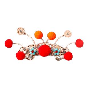 古风汉服日常国风新年毛球流苏铜钱发钗发冠红色可爱发夹头饰品