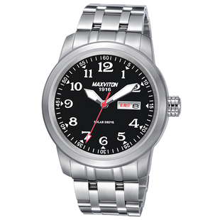 玛斯威顿光能手表男商务休闲夜光防水精钢带双日历太阳能手表男款