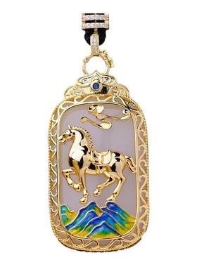 铜镶嵌金丝玉平安无事牌马吊坠男