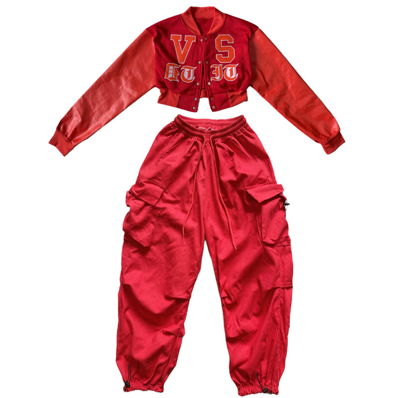 秋冬红色工装裤嘻哈街舞套装女团演出服爵士舞蹈服装跳舞衣服显瘦