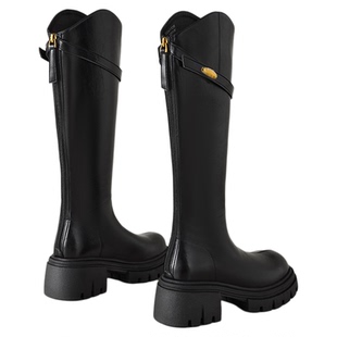 星期六长筒靴子女2025新款秋季黑色长靴厚底增高瘦瘦靴高筒骑士靴
