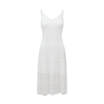 波西米亚/MSLAN 25秋慵懒度假风镂空针织浪漫V领吊带裙亚麻连衣裙