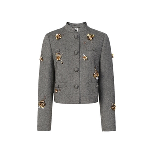 【明星同款】lefame拉飞姆2026春季人字纹重工钉珠花朵通勤外套