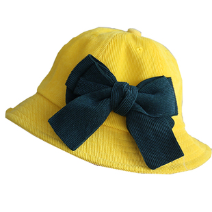 小红帽亲子韩国单秋灯芯绒蝴蝶结渔夫帽撞色母女街拍洋气时尚盆帽
