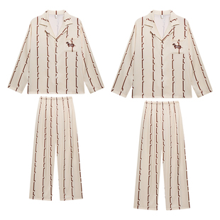 乐姿梦【轻柔软】情侣睡衣女春秋季冰丝睡衣长袖套装条纹家居服男