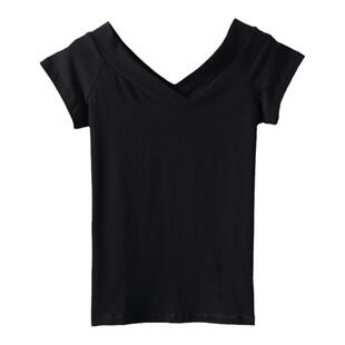 双V领黑色T恤女短袖夏季新款修身大领口纯棉露背低领露肩纯色上衣