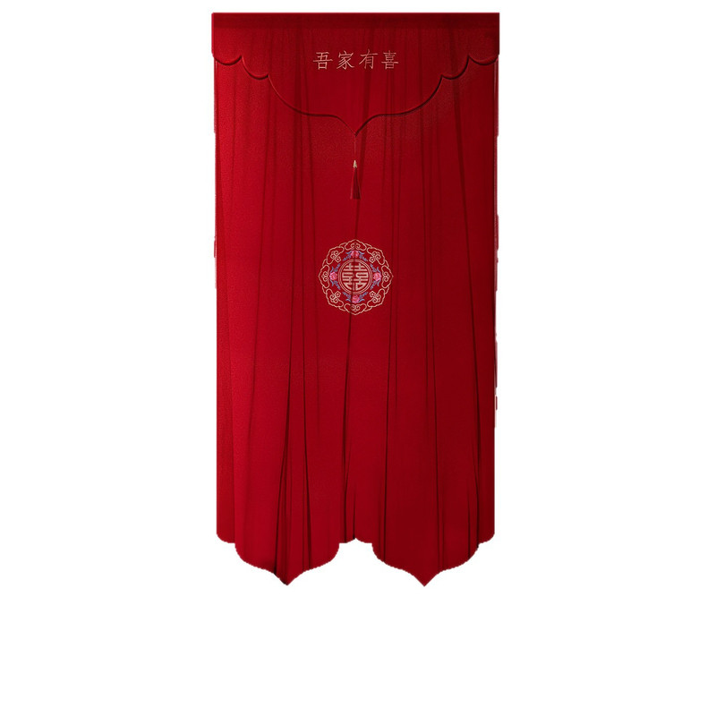 DUOBAO结婚门帘网纱红色刺绣喜字婚房布置挂帘免打孔卧室门楣A9