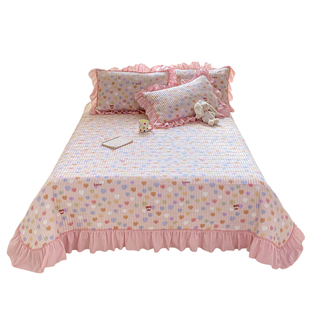 A类母婴级夹棉云感皱皱纱大花边床盖三件套加厚双层纱印花炕床单