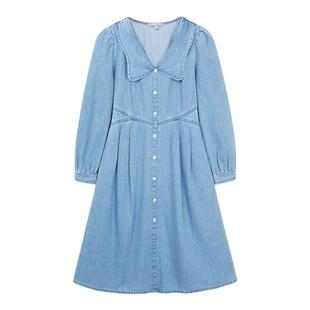 北欧时刻2026春季新款娃娃领牛仔连衣裙女收腰a字中长裙复古气质