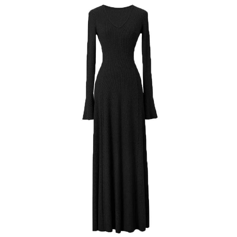 黑色微胖长袖连衣裙女针织秋冬季修身长裙子打底大衣内搭小黑裙