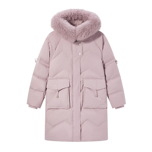 探路者羽绒服女冬季户外中长款加厚保暖宽松可拆卸毛领羽绒衣外套